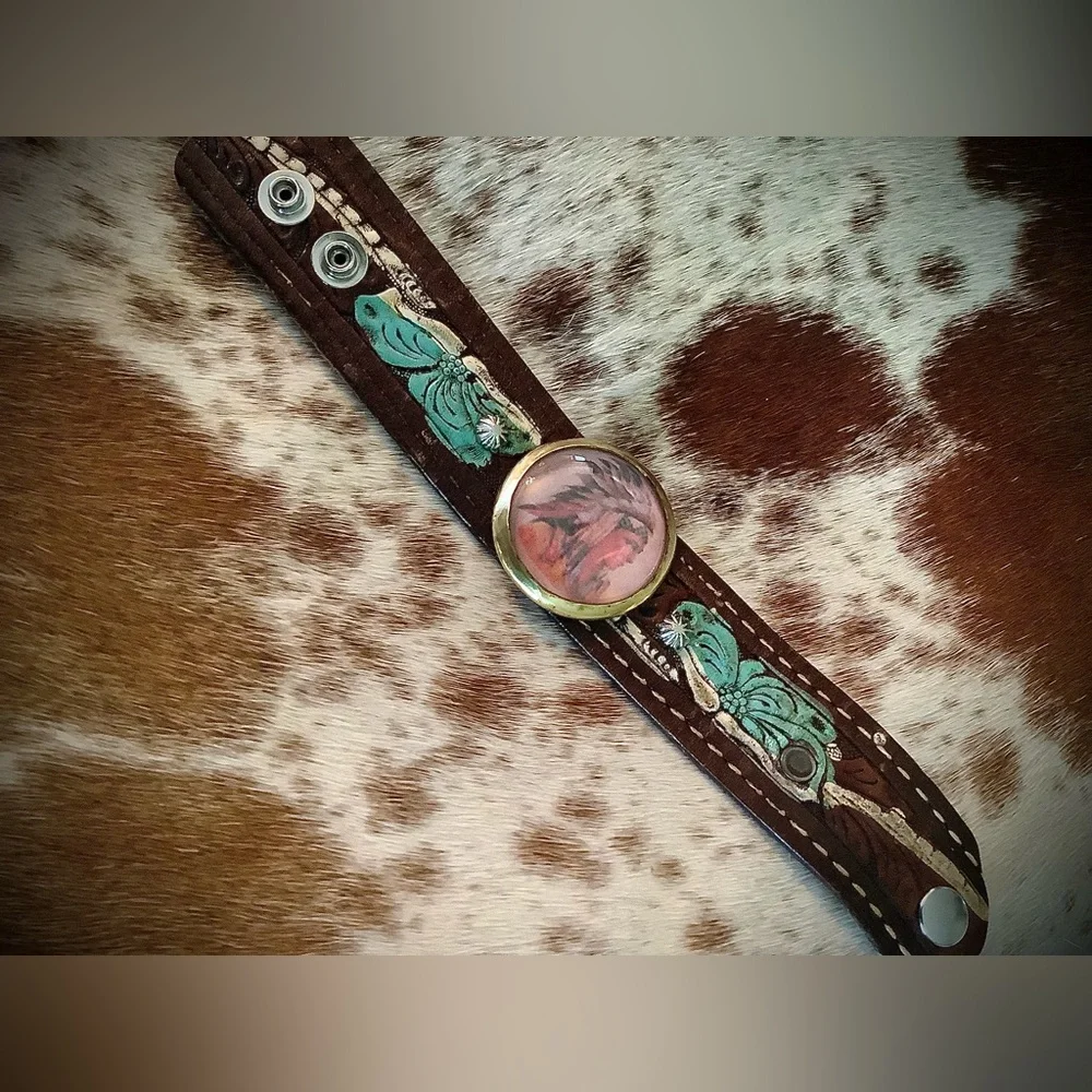 Tooled leather cuff, Indian motif, adjustable